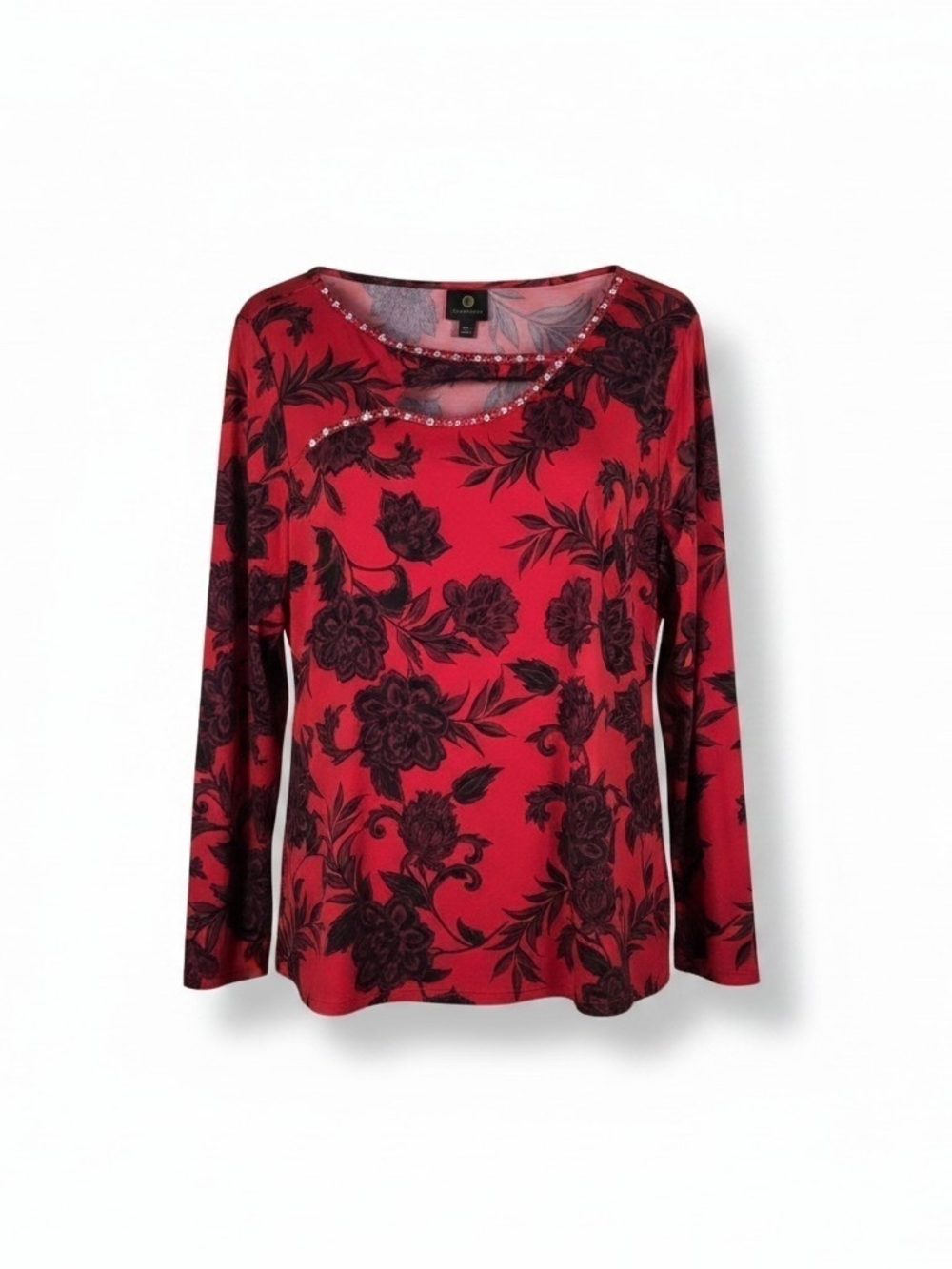 JM Collection Red Floral Long-Sleeve Tee with Scoop Neck and Sequin Trim